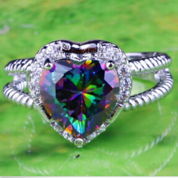 Silver Mystic Topaz Heart Cocktail Ring Size 10 11 12 13 Rhodium Plated - Picture 6 of 8